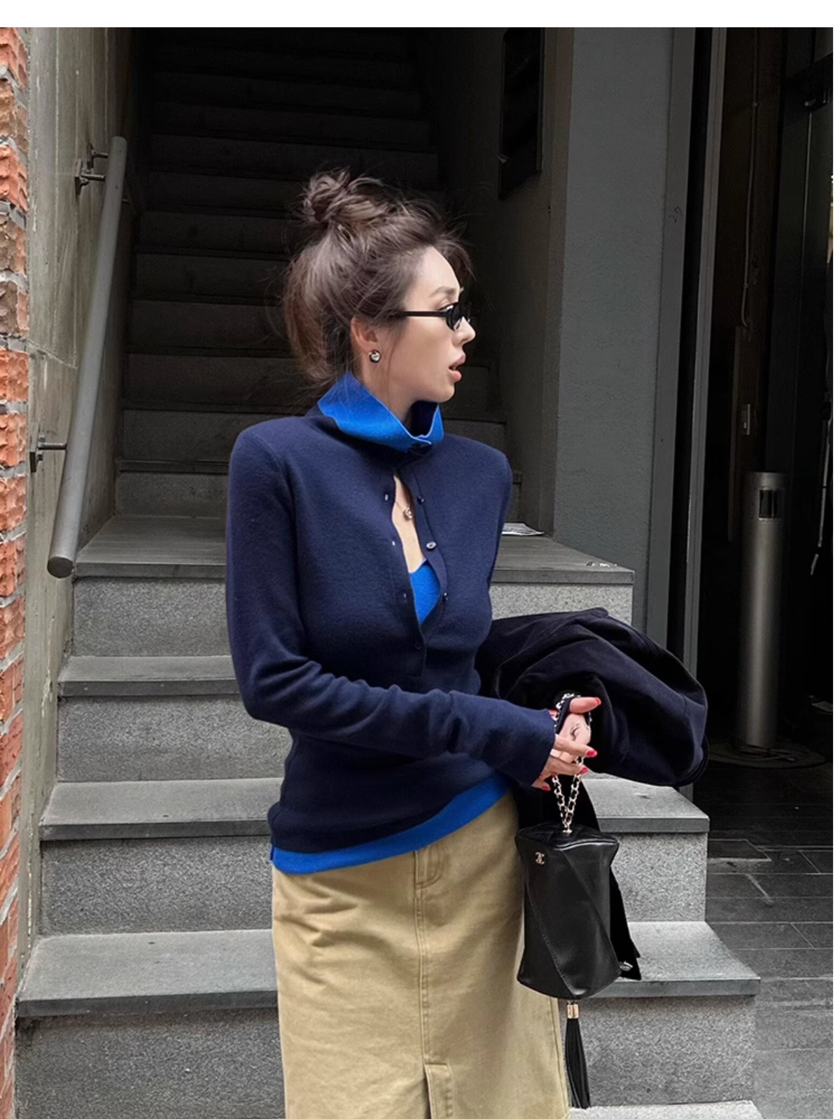 不費力的時髦 假2件翻領針織上衣