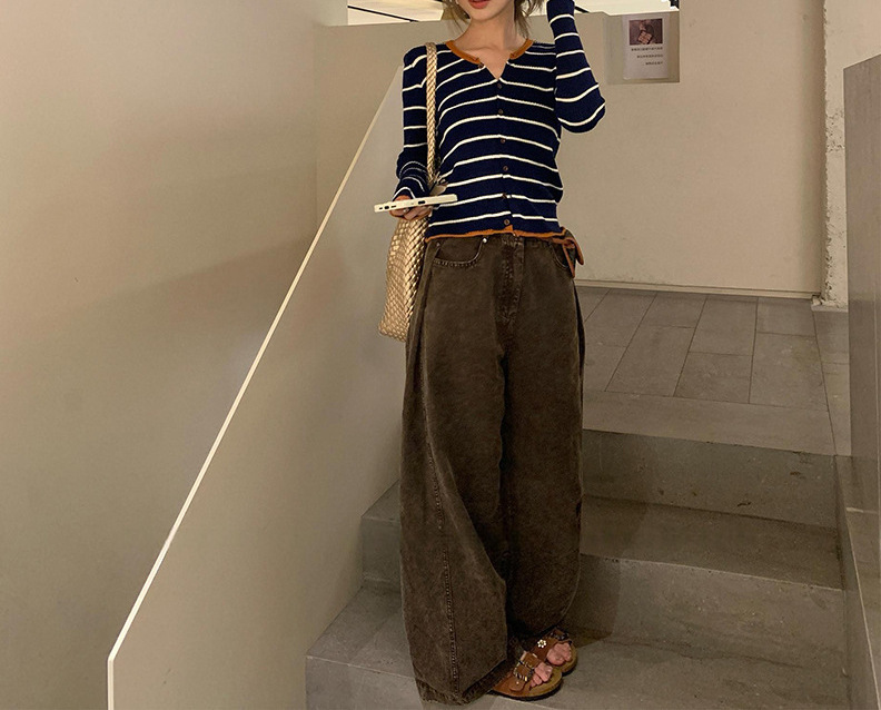 條紋針織 撞色坑條上衣(灰/藍)