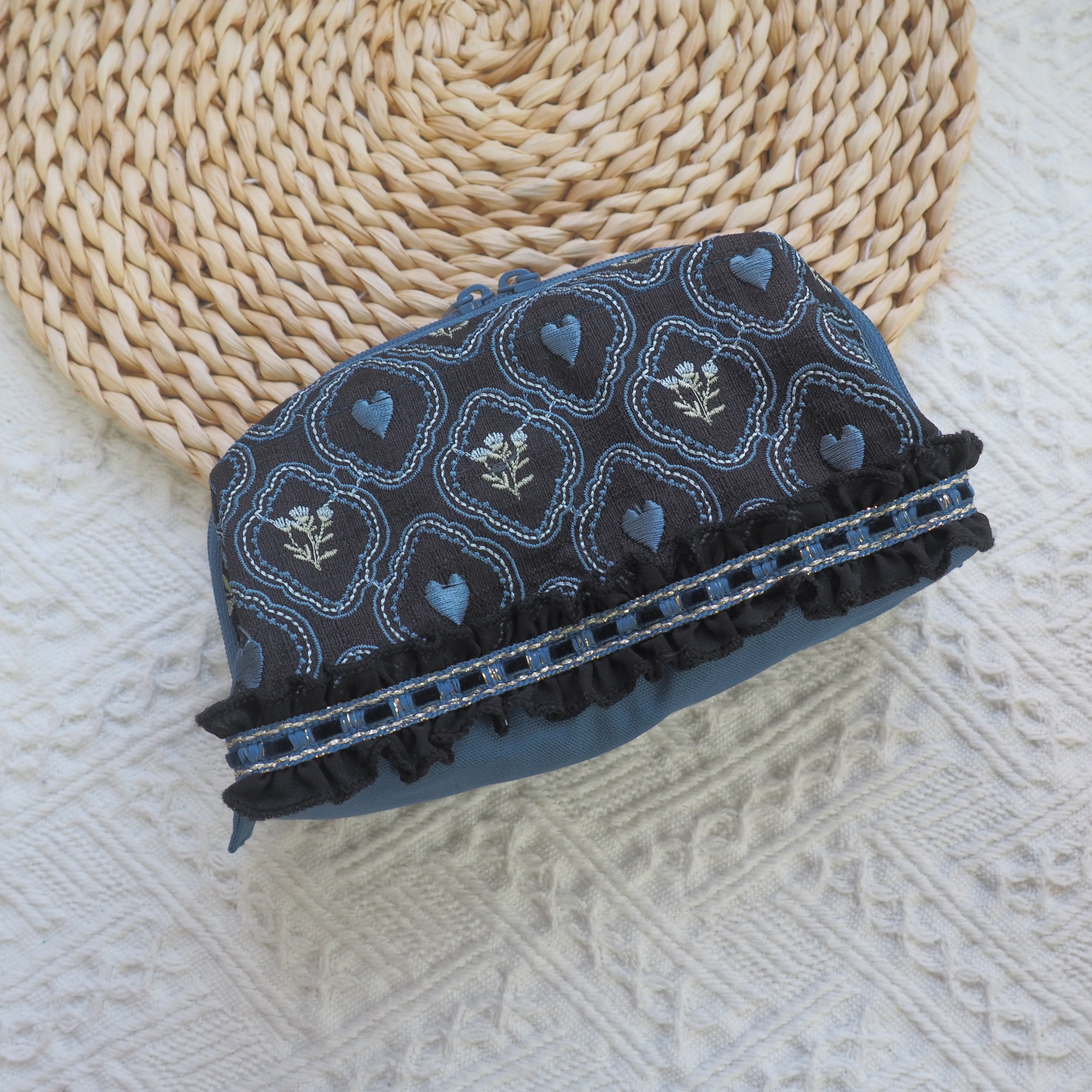 黑底心形圖案 印度刺繡帶 醫生口金袋 支架口金 (小）