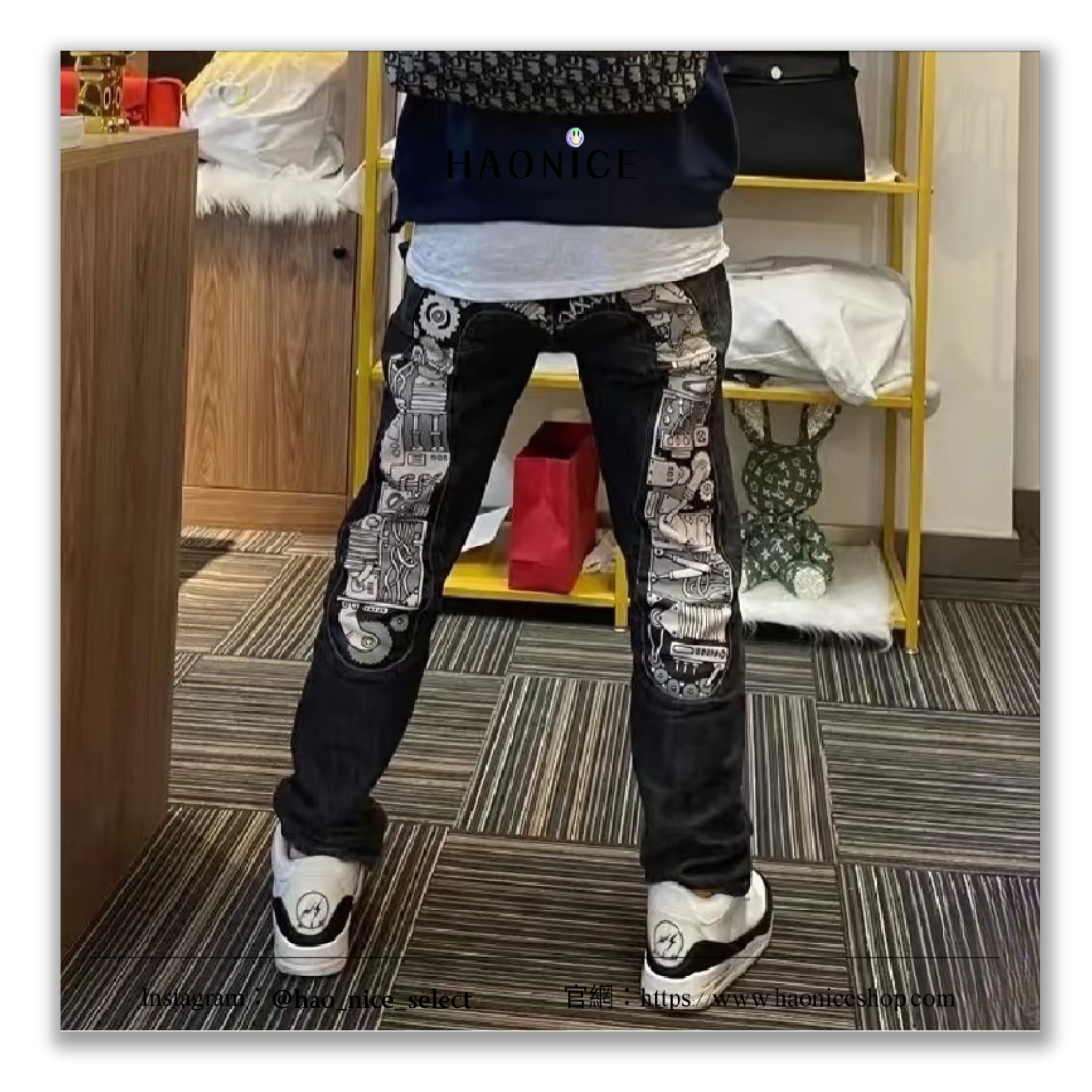 【HAO NICE】100%日本大阪正品 山根英彥EVISU 福神🇯🇵日系 貼布 現代工業風 機械圖樣 街頭風長褲 牛仔褲