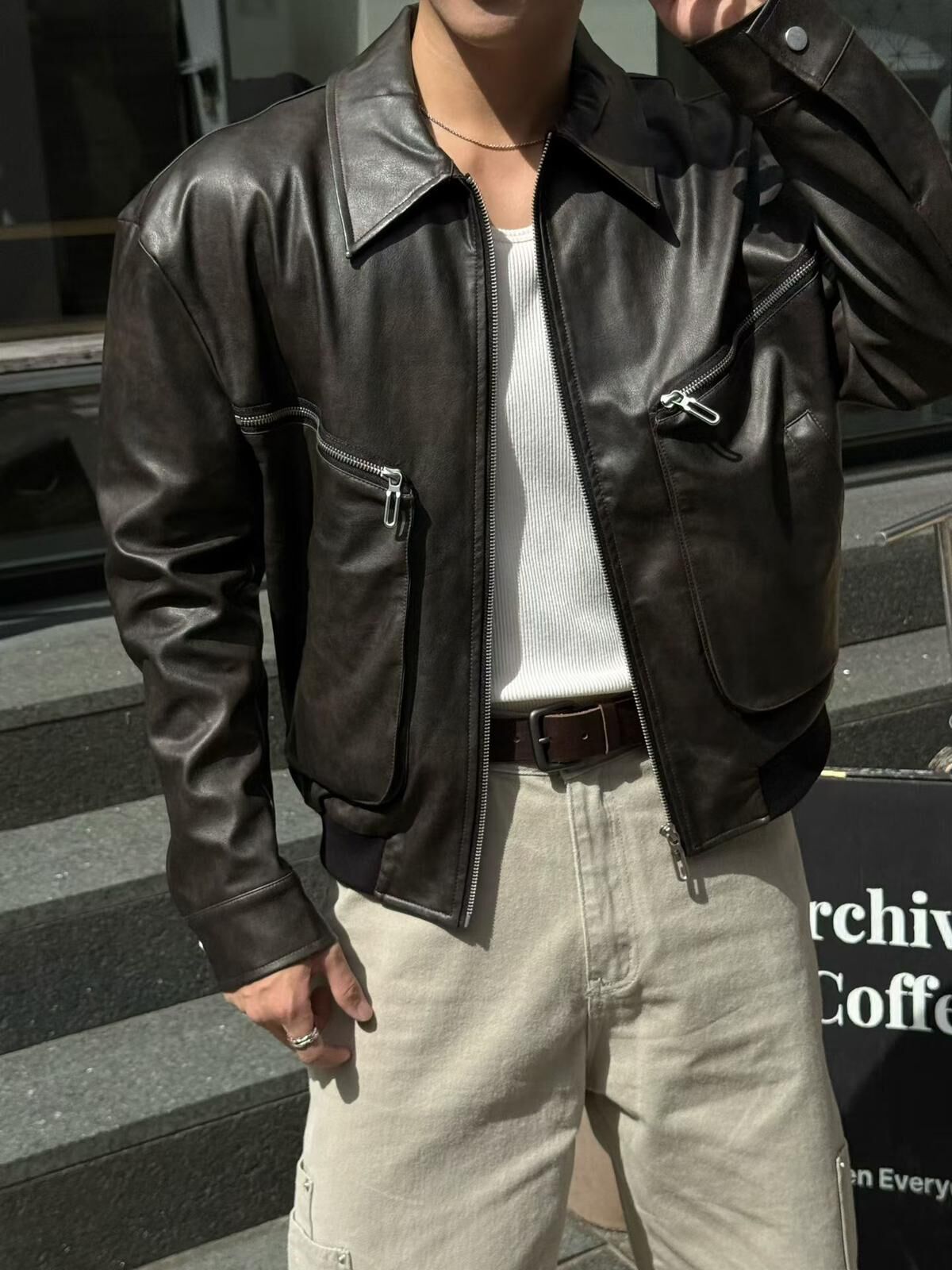 反領拉鍊合成皮褸 LOCAL-019JK