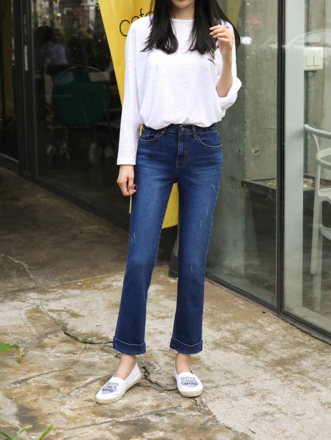 K20090120 藍色刷色反摺牛仔長褲 M號 現貨