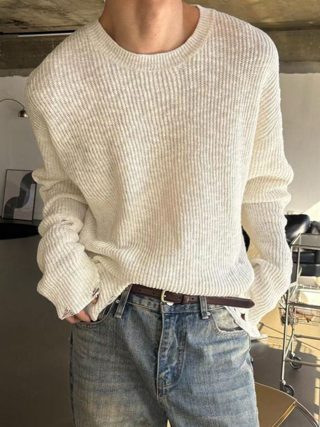 淨色破洞針織衫 LOCAL-020T