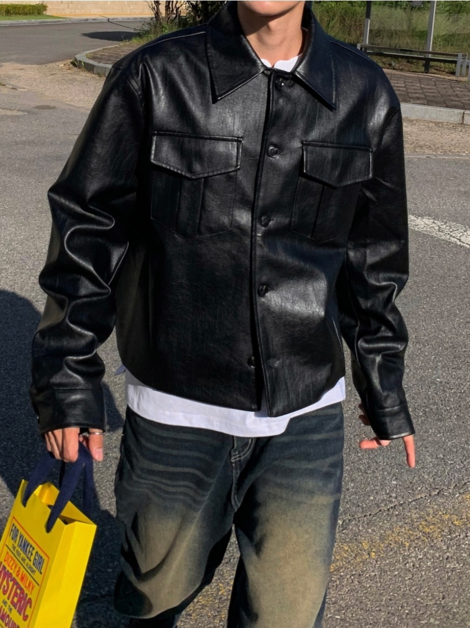 短款口袋皮夾克