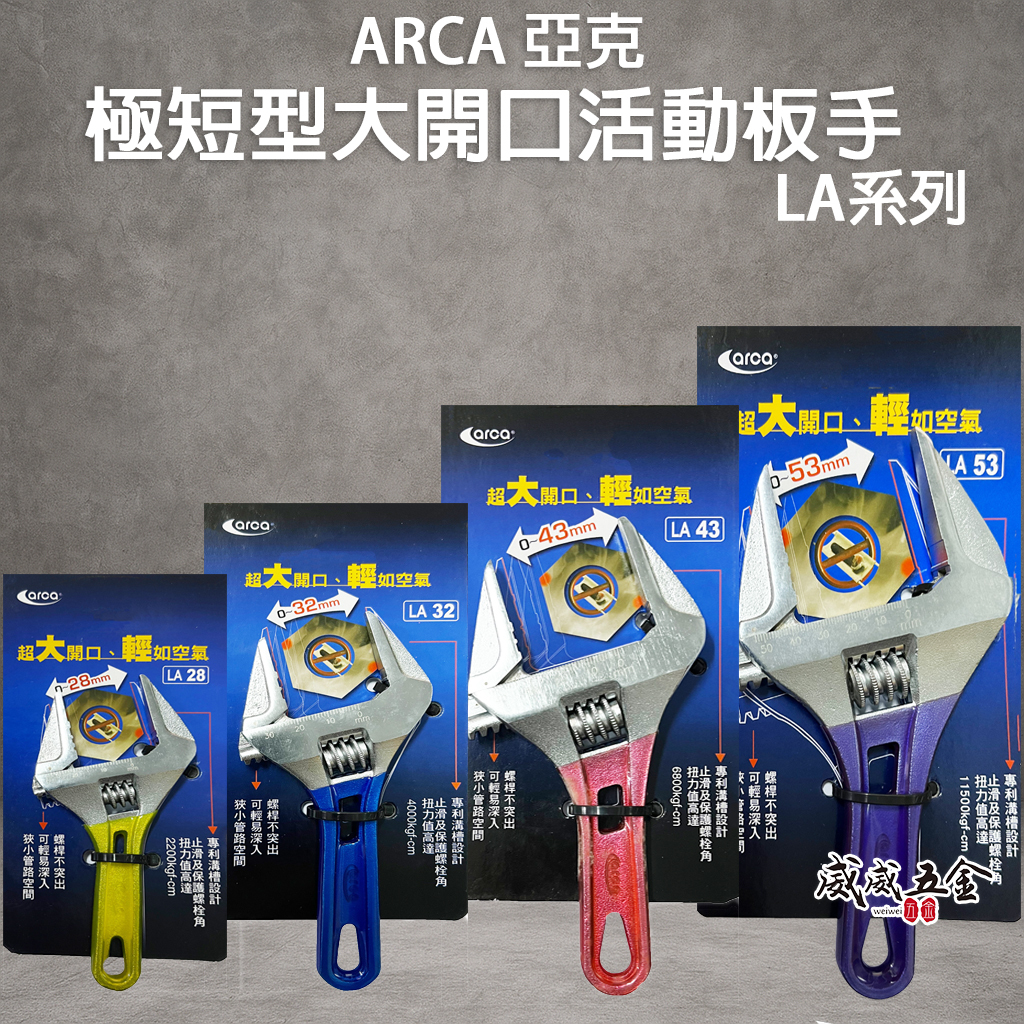 台灣製 ARCA 亞克｜LA 極短型大開口活動板手 尖嘴型膠柄活動扳手｜開口加大 28-53mm｜專利溝槽設計