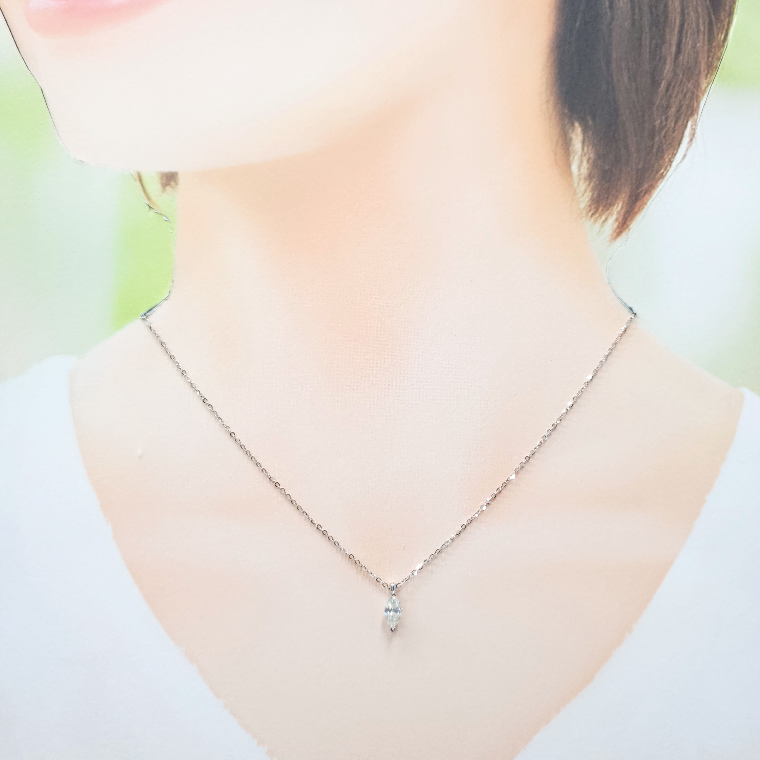 全新18K白金【單粒50份欖尖形鑽石】頸鍊