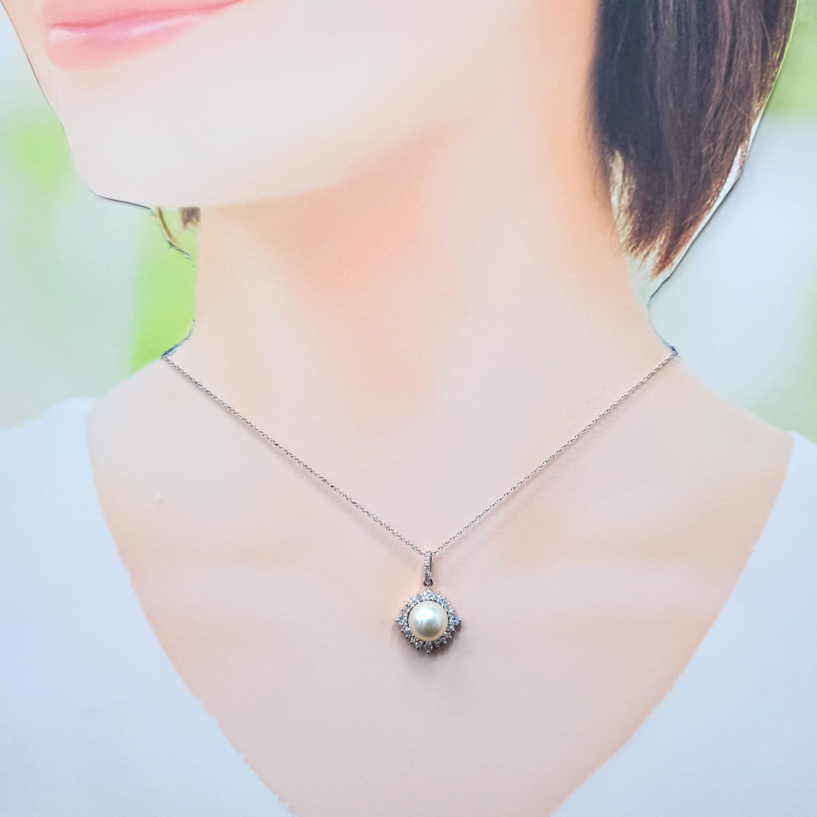 全新18K白金30份鑽石珍珠吊墜