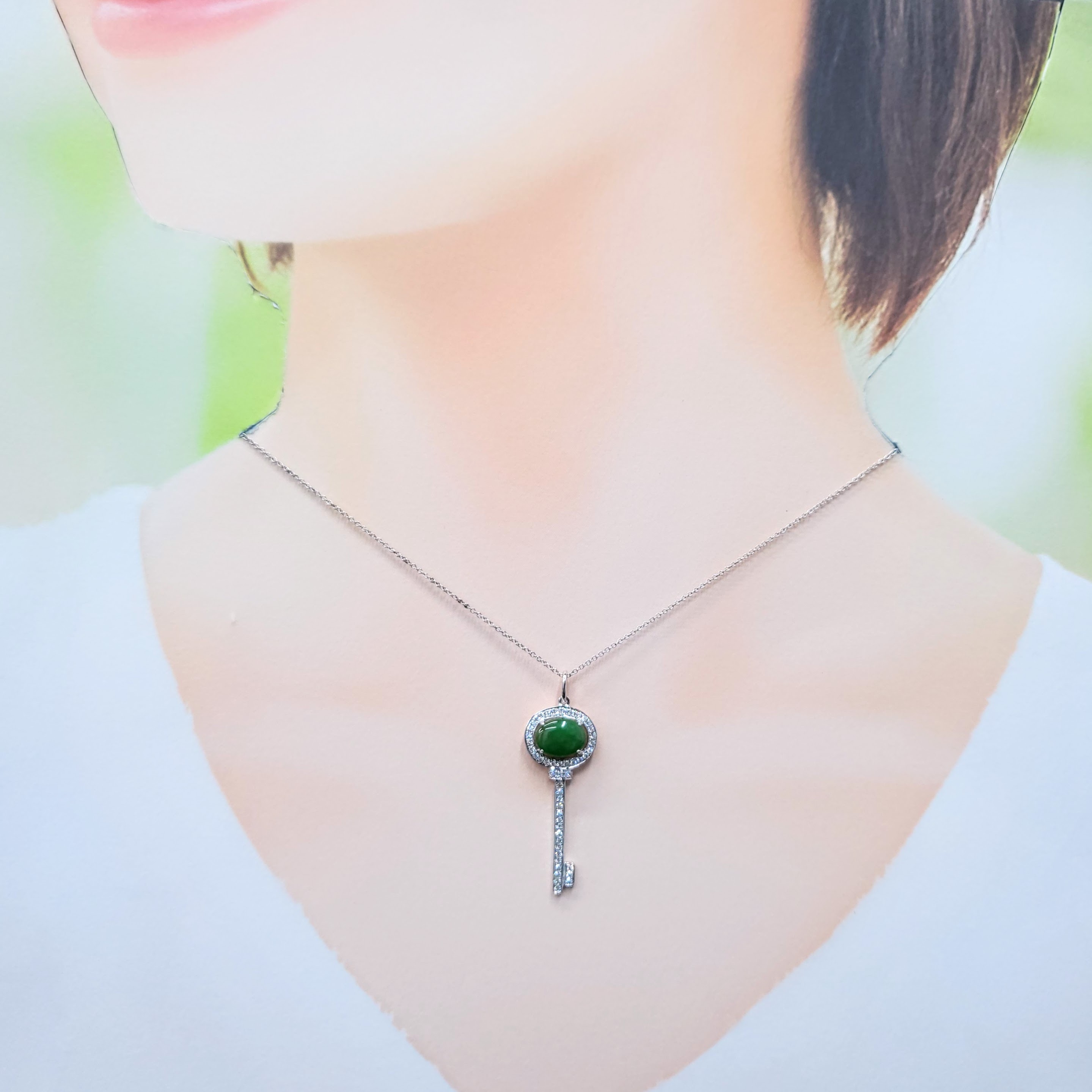 全新18K白金24份鑽石翡翠吊墜