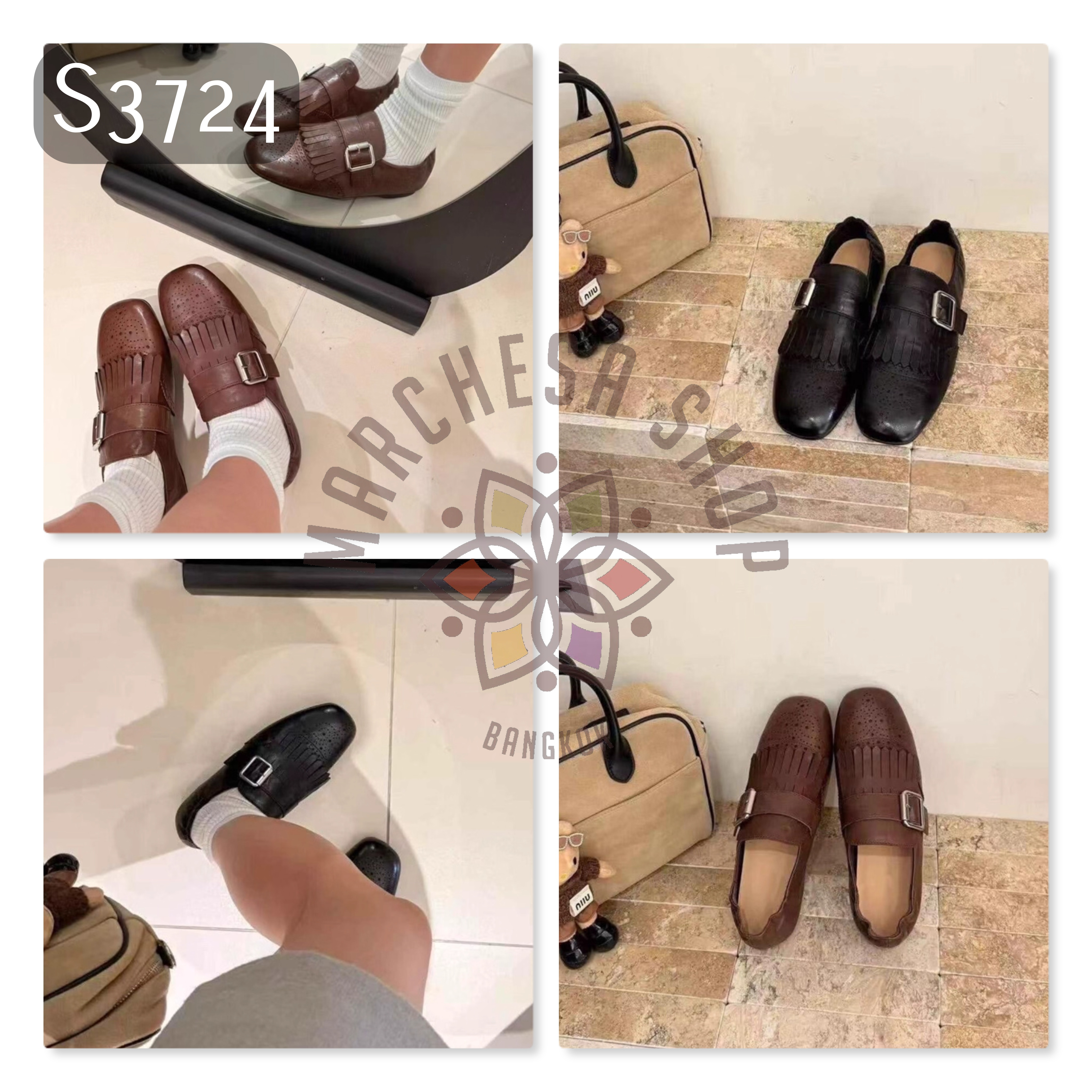 S3724 - 頭層羊皮流鬚雕花扣帶平底鞋