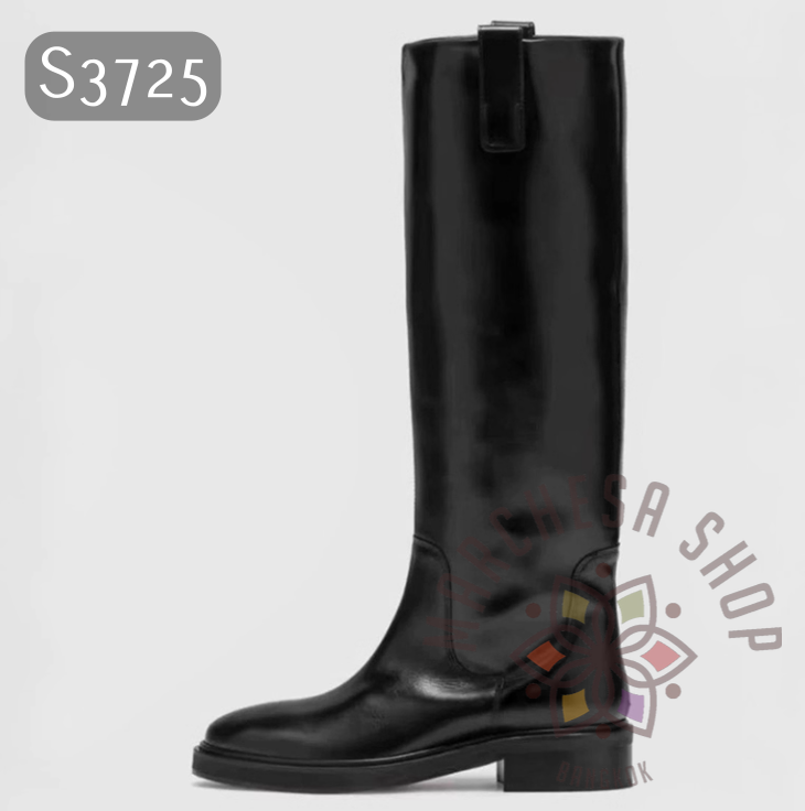 S3725 - 頭層羊皮簡約側扣帶平底長靴