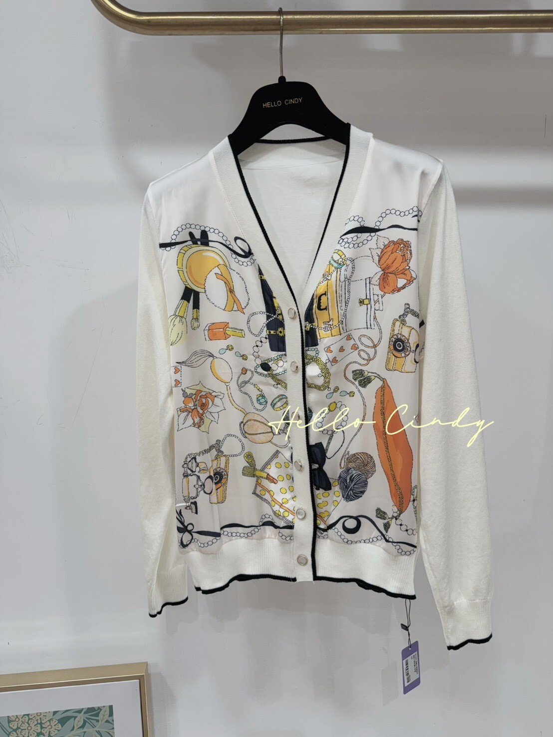 B11063 優雅大牌感絲巾圖紋V領針織小外套