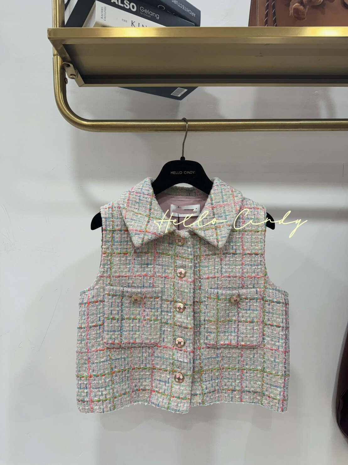 B11064 超甜美粉嫩小香格紋毛呢背心