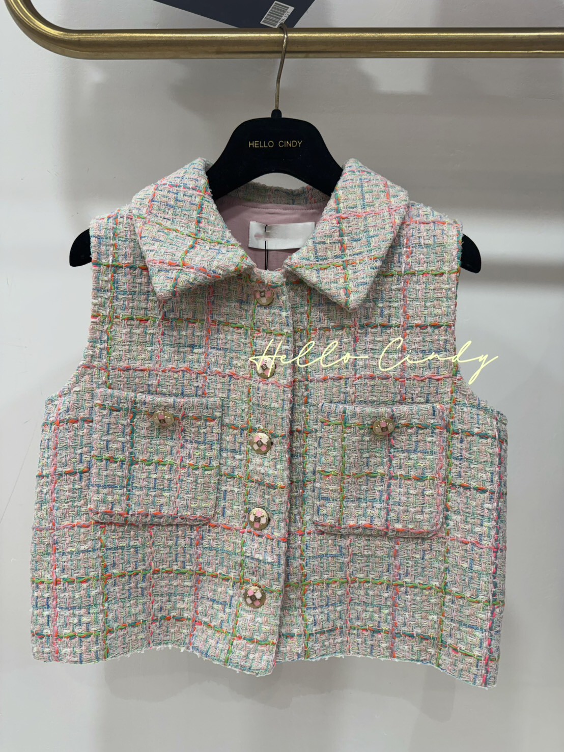 B11064 超甜美粉嫩小香格紋毛呢背心