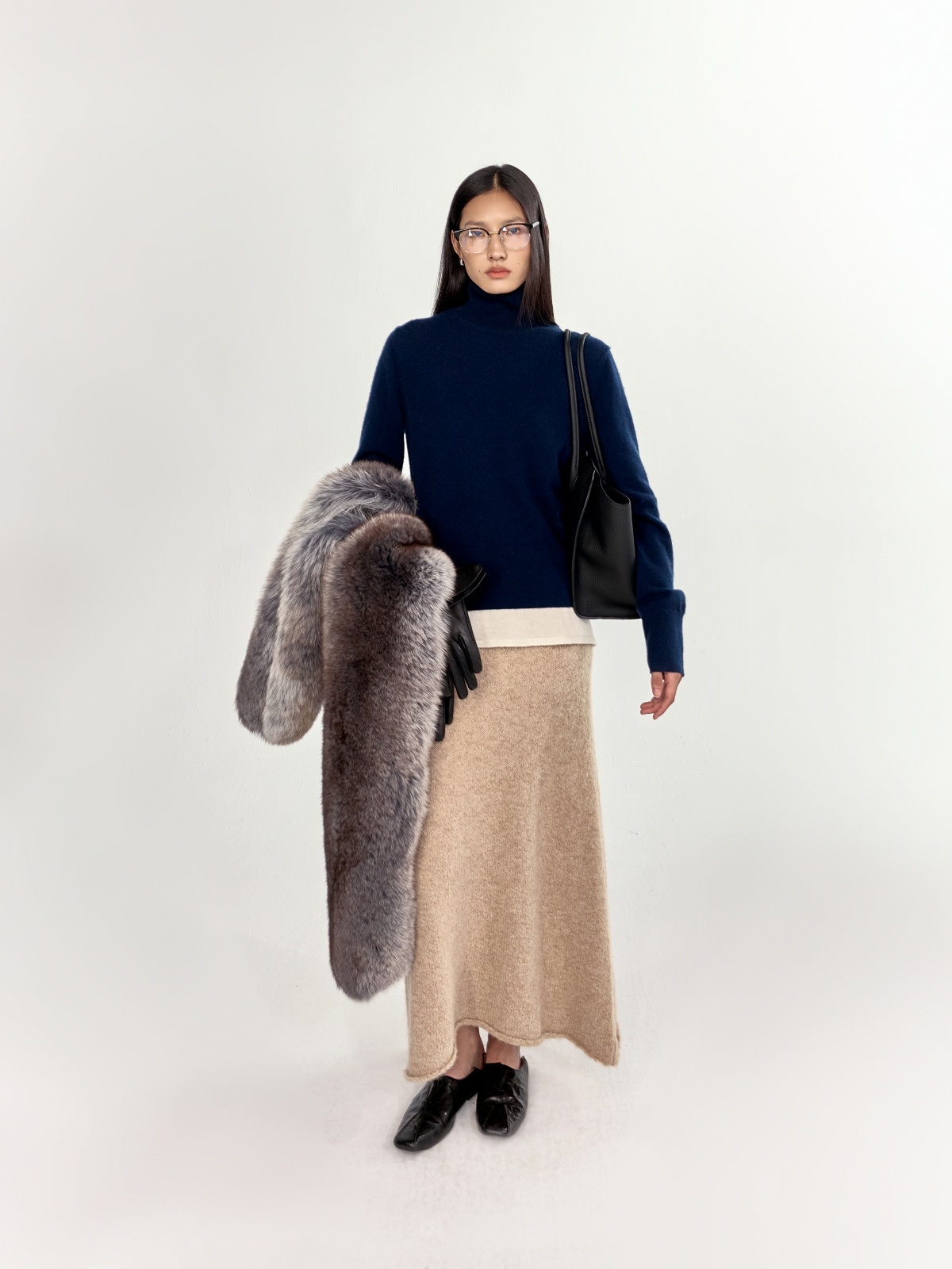 HANAA 新款純羊絨藍色立領針織毛衫