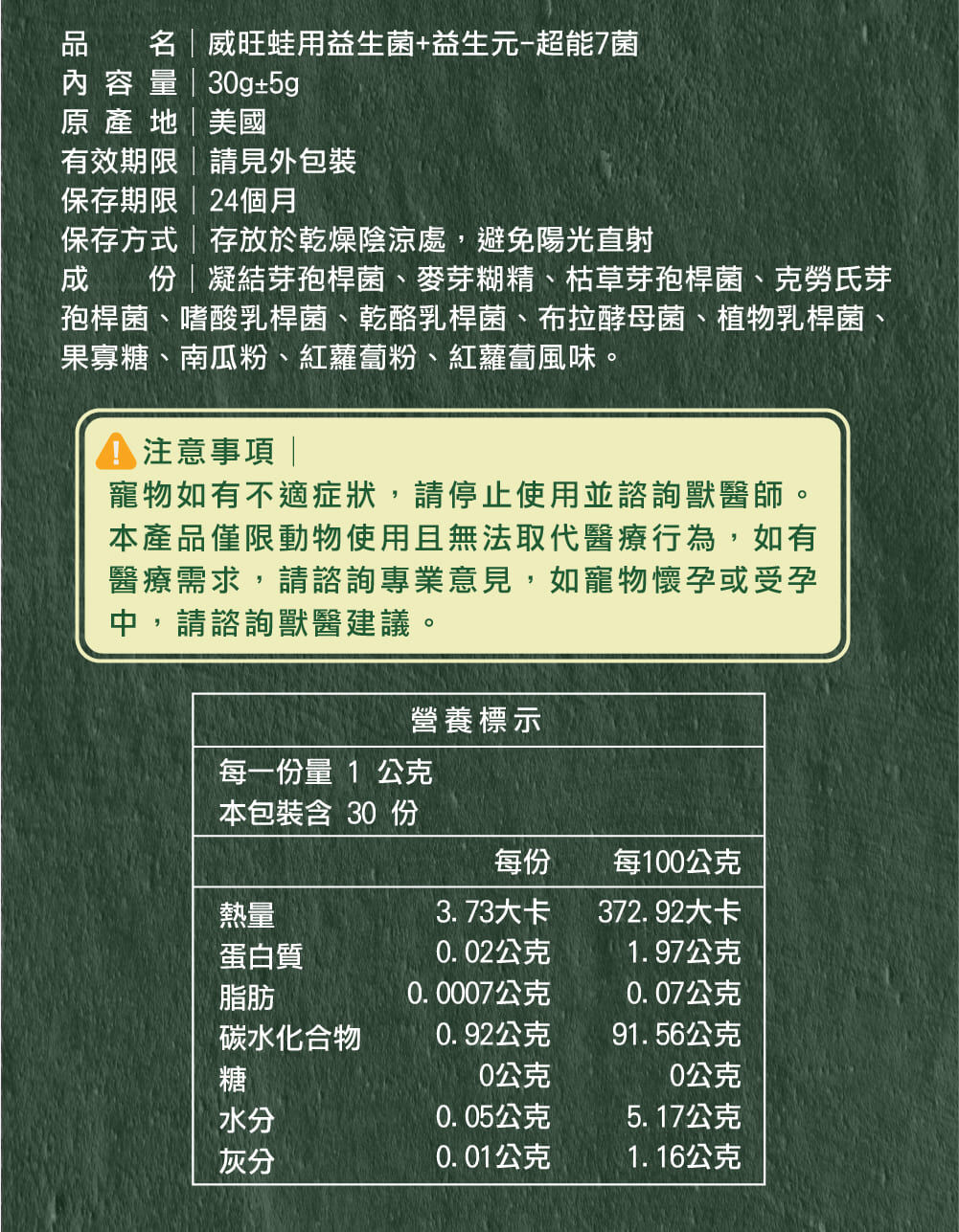 威旺WeWant 蛙類用益生菌＋益生元-超能7菌30g，成分說明