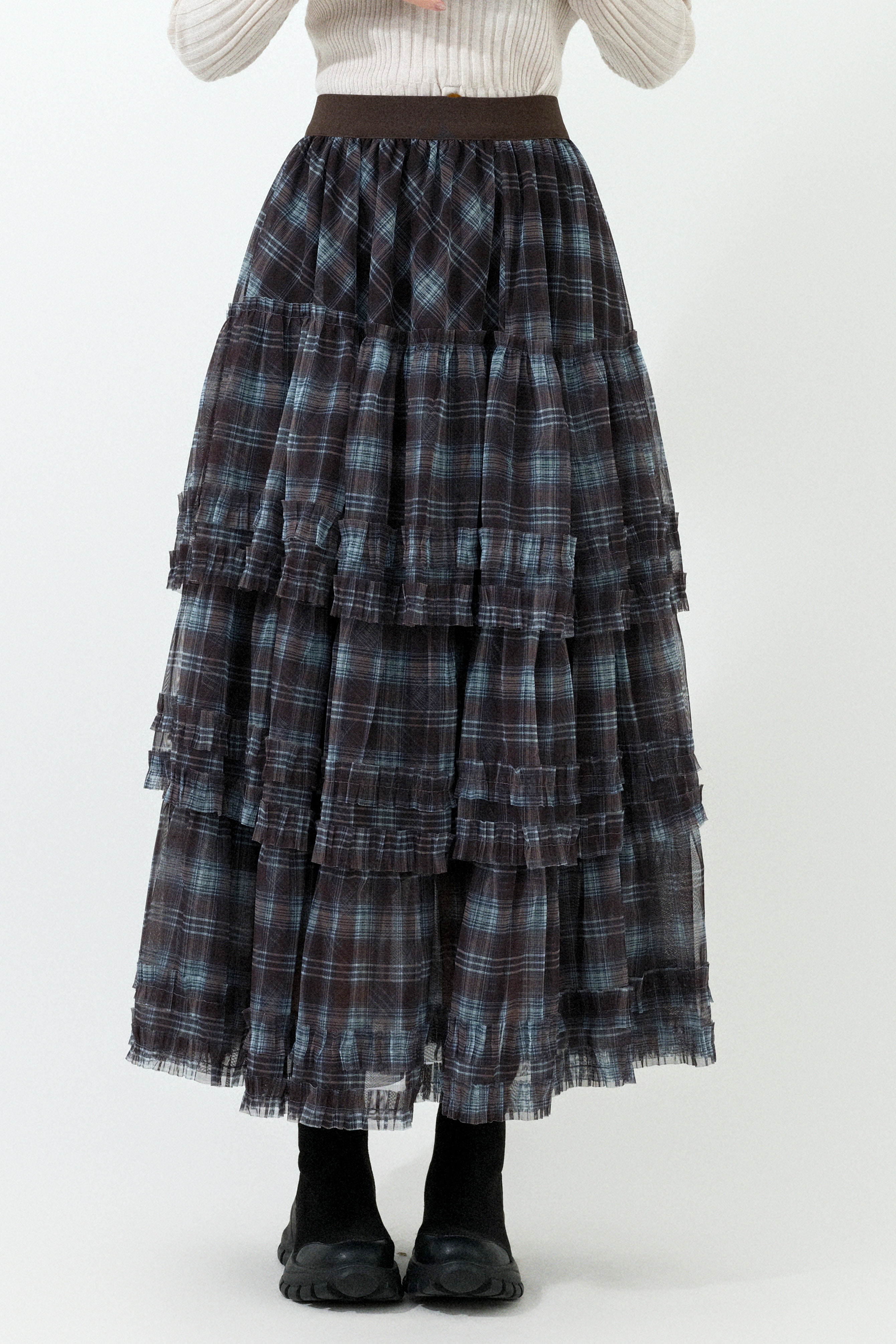 格仔網紗荷葉蛋糕裙 (預購產品）