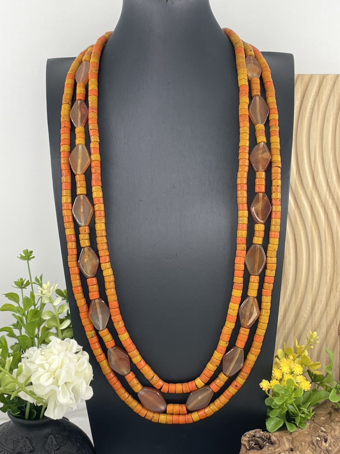 W-No.29 貿易老橘珠瑪瑙三條式長鍊80cm