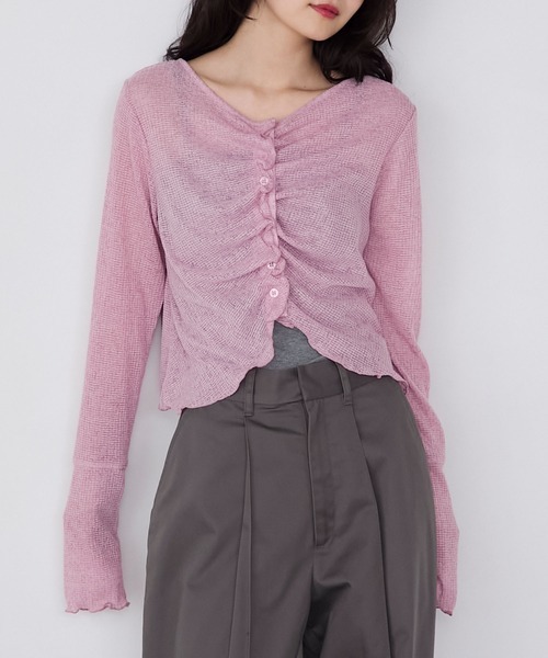 日本🇯🇵連線 Forksy 透膚華夫格褶鈕扣開襟衫 皺褶鈕扣設計 華夫格 透膚 針織衫 開襟衫 5色(任買兩件711免運)/預購