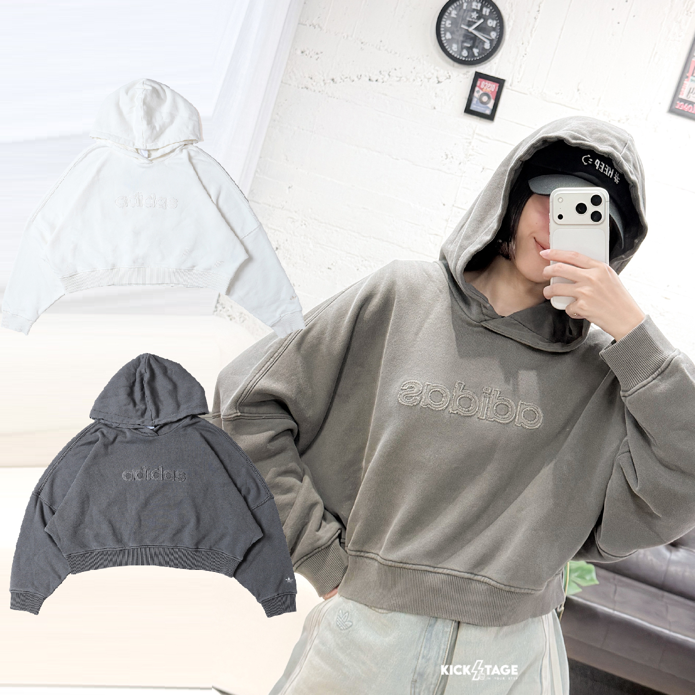 女款 ADIDAS CROP HOODIE 黑色 白色 三葉草 寬鬆 短版 水洗 連帽 上衣 帽T【JX7640/JW7296】ADLP