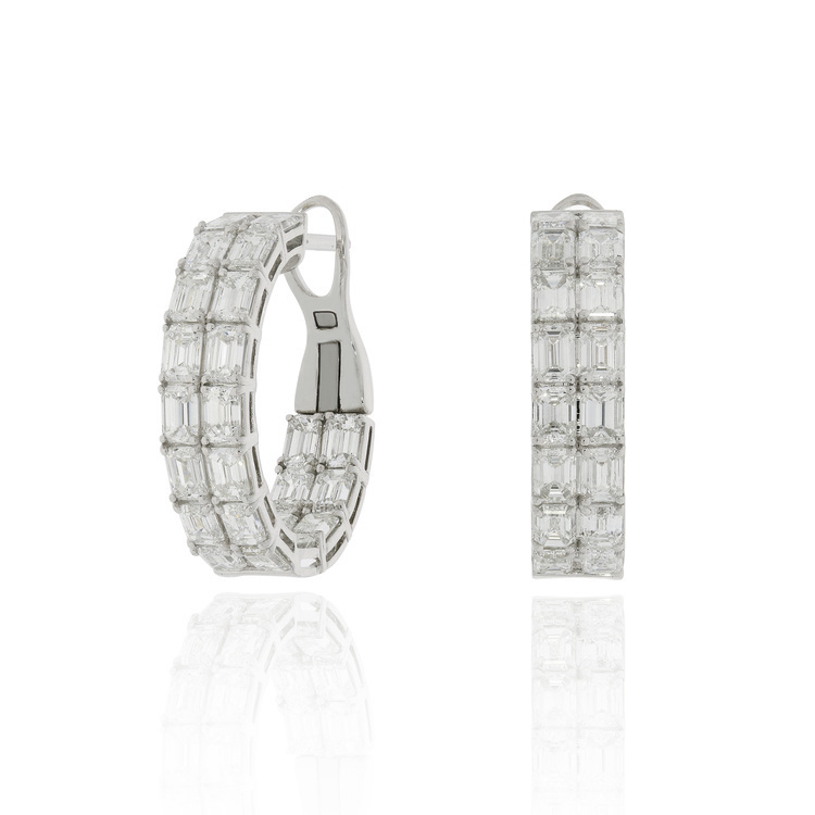 雙行祖母綠切割鑽石圈形耳環