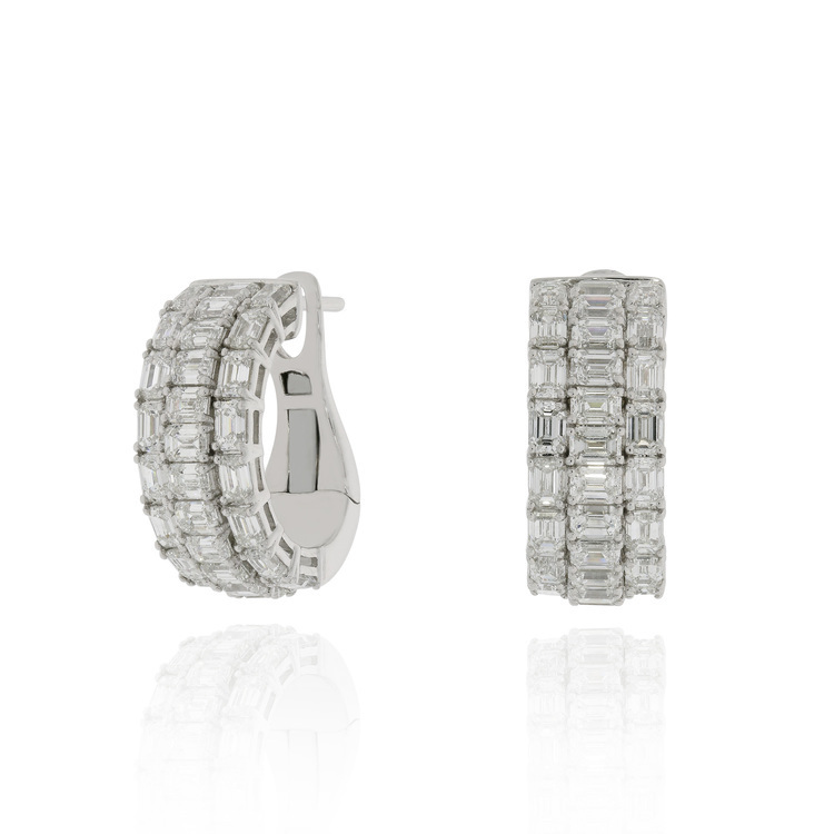 三行祖母綠切割鑽石圈形耳環