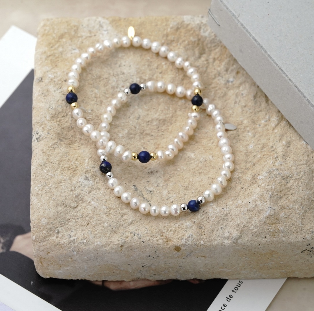 svb34 淡水珍珠配青金石彈性手鍊