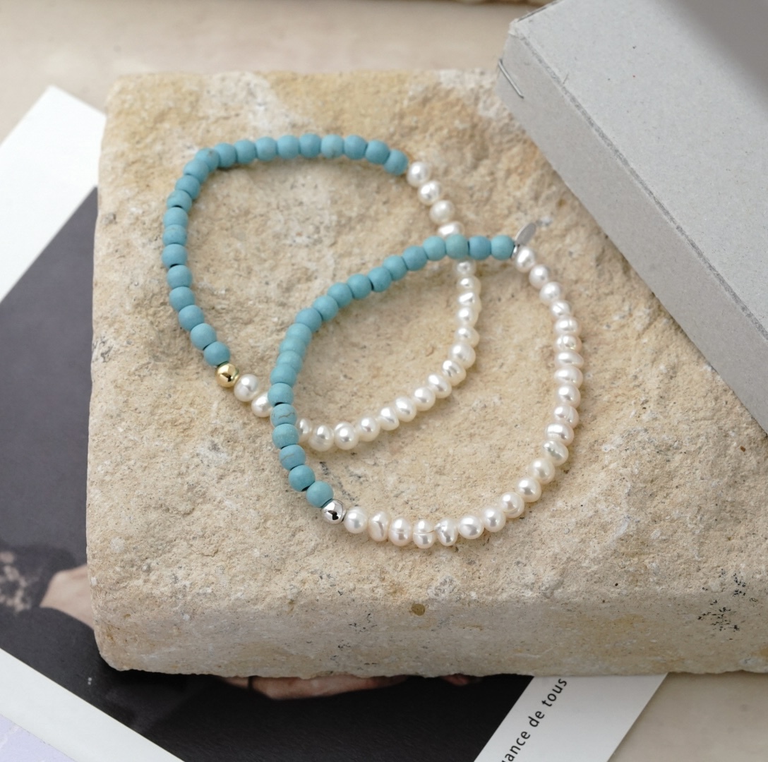 svb27 松石配淡水珍珠彈性手鍊