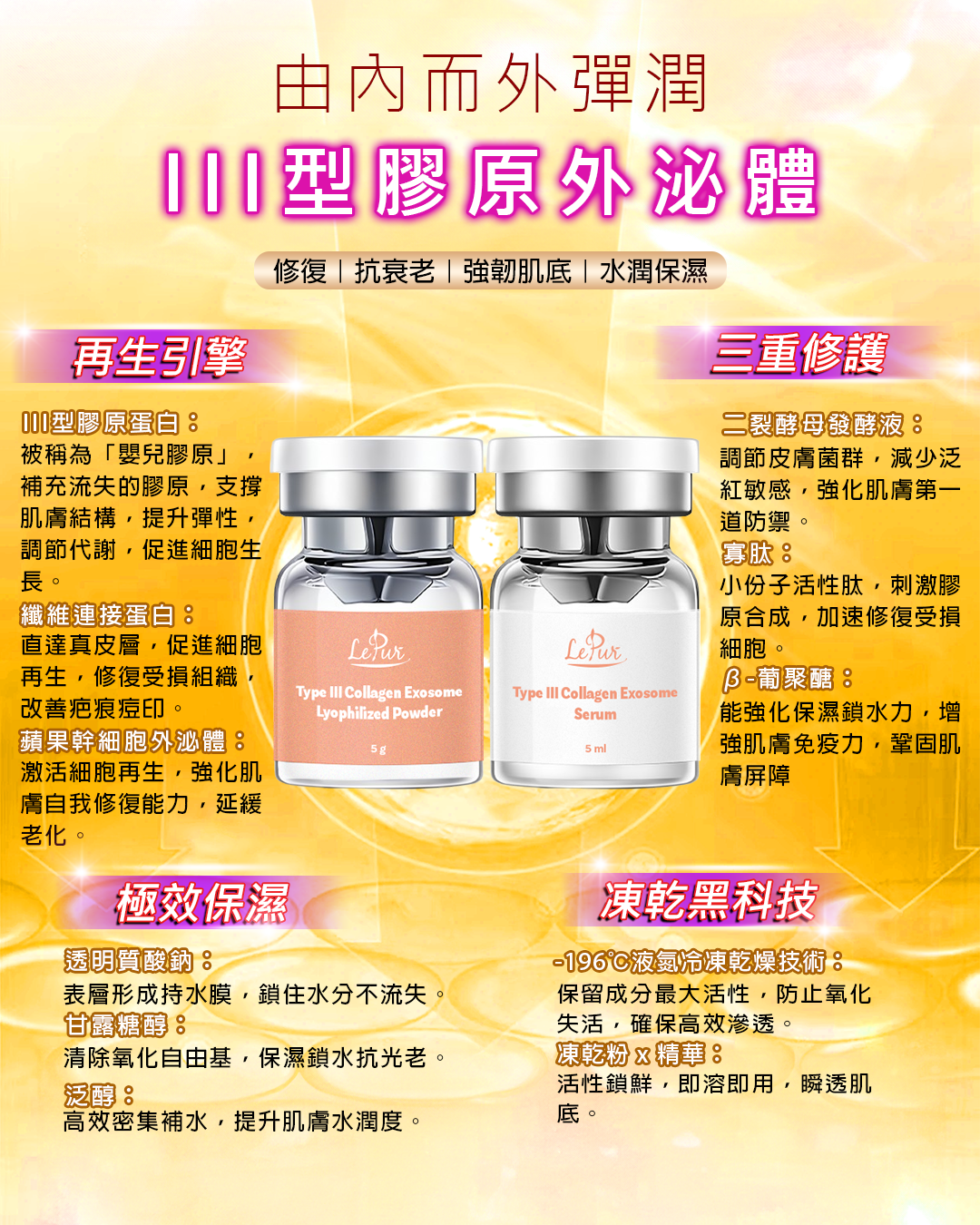 LePur III型膠原外泌體凍乾粉套裝 (5ml x 5 + 5g x 5)