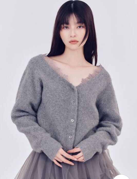 [預購] 折扣 FRAY I.D 狐狸毛混紡蕾絲滾邊開襟針織衫