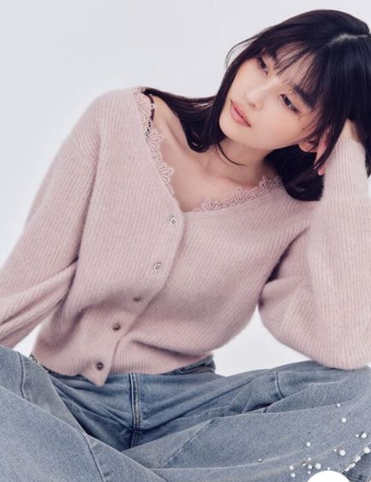 [預購] 折扣 FRAY I.D 狐狸毛混紡蕾絲滾邊開襟針織衫