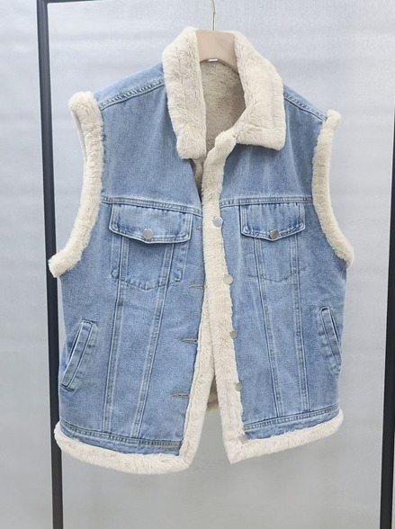 (5098) OS0005  兔毛拼牛仔雙面馬甲