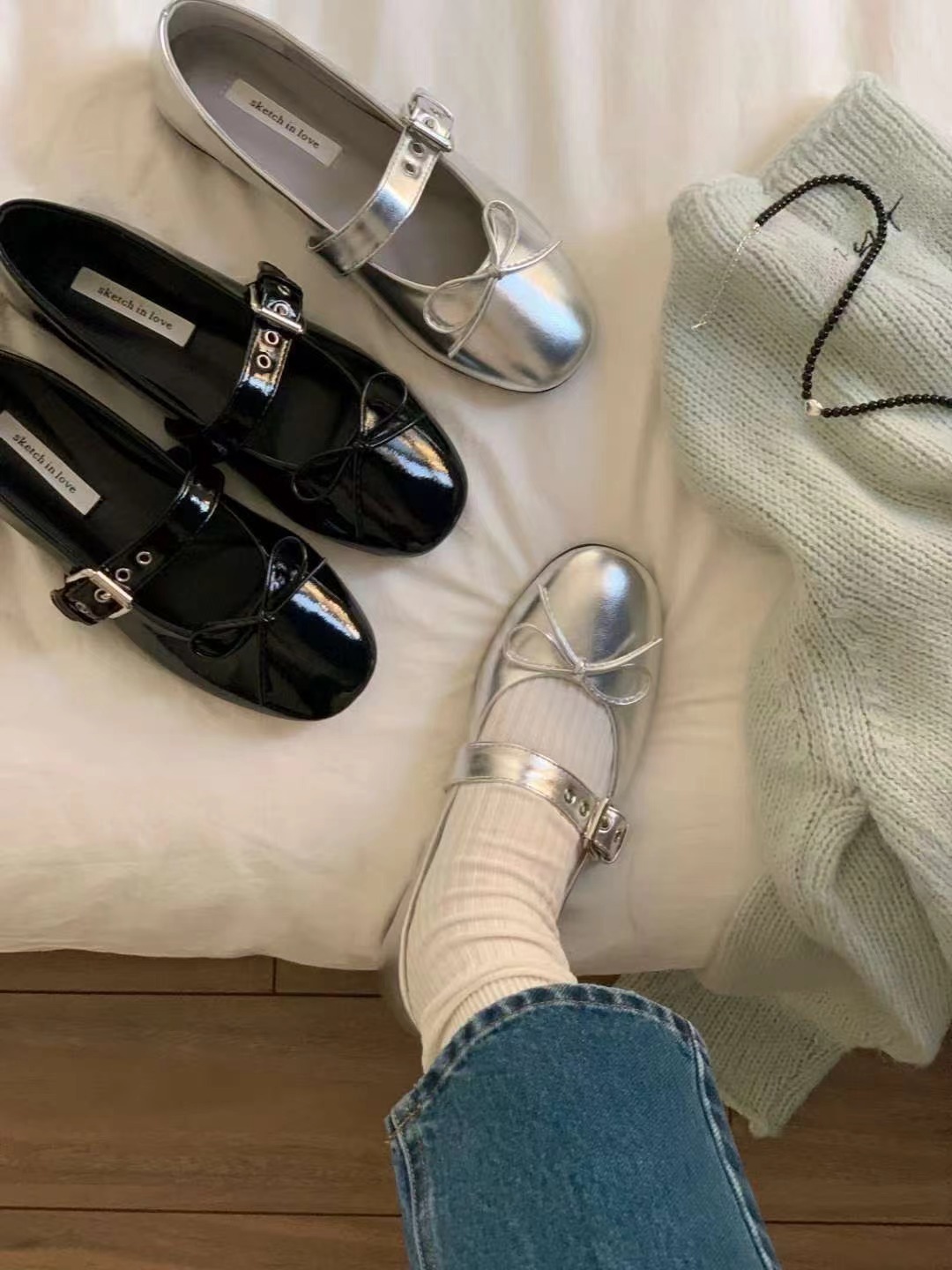 ASK 1041 銀色小蝴蝶結巴黎舞平底鞋