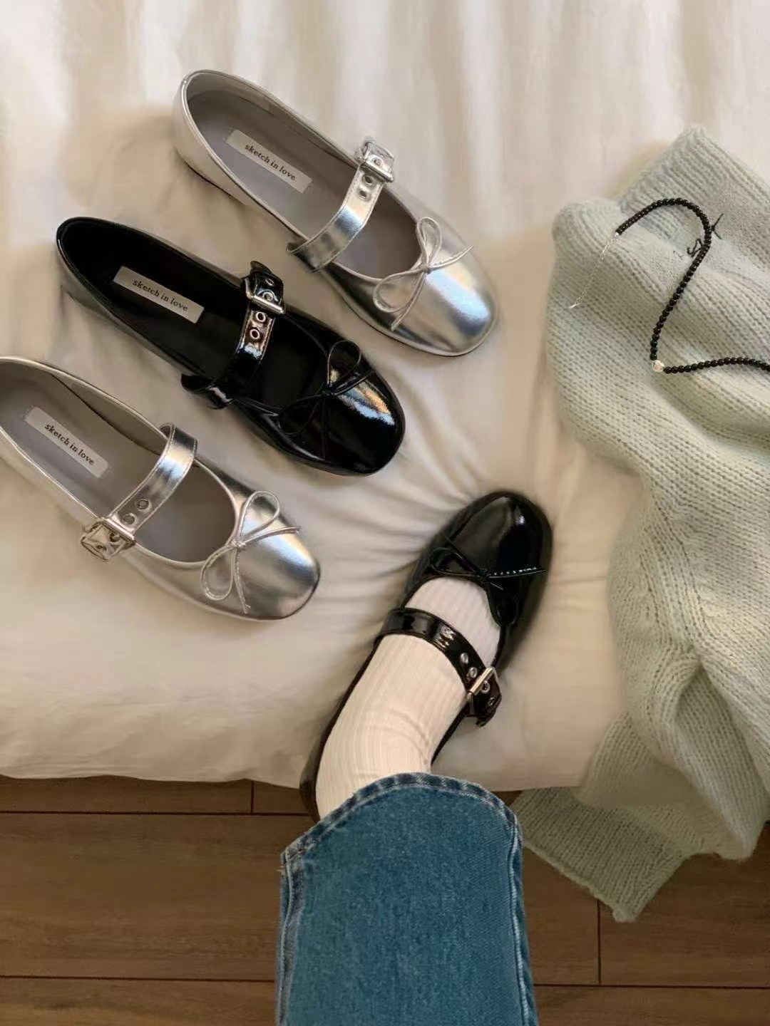 ASK 1041 銀色小蝴蝶結巴黎舞平底鞋