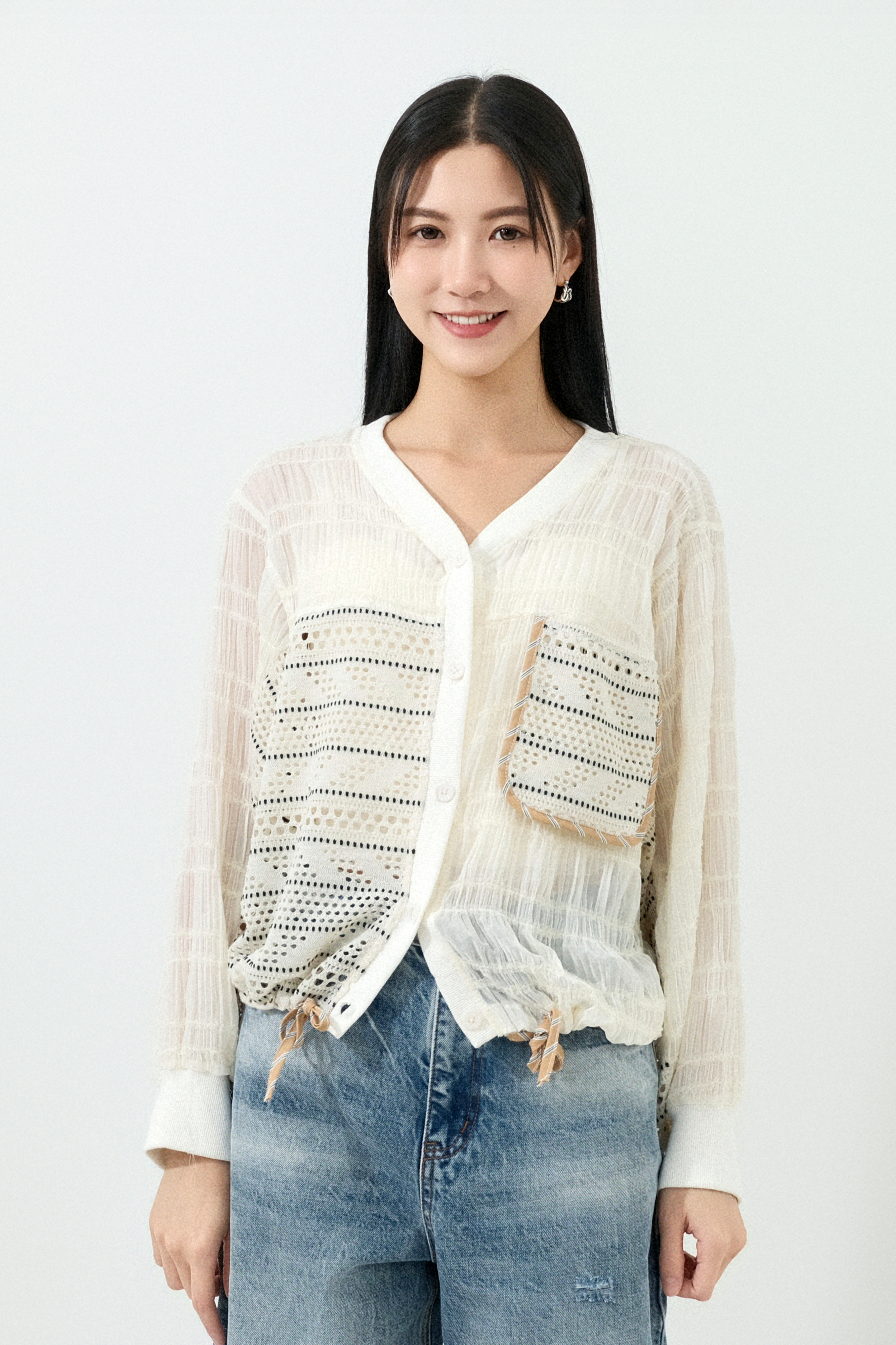 壓褶雪紡拼通花針織cardigan （預購產品）