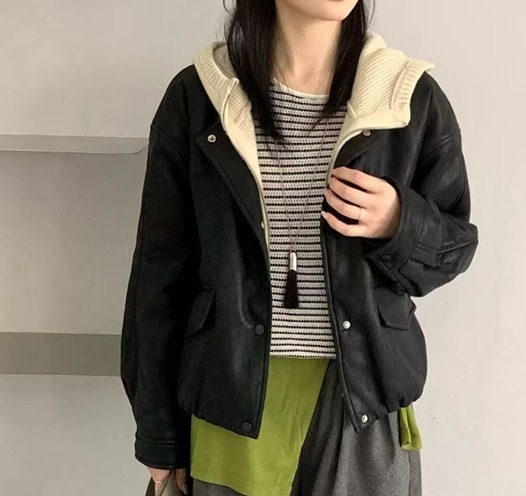 (5122) 皮褸+有帽針織羽絨
