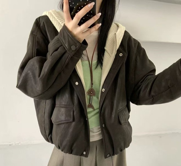 (5122) 皮褸+有帽針織羽絨