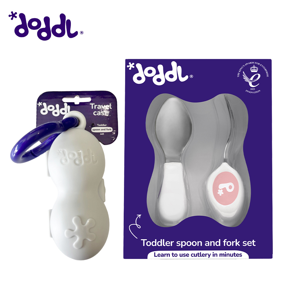 【doddl】英國人體工學秒拾餐具 - 兒童學習餐具攜帶 2 件組 + 專屬收納盒 - 乾燥玫瑰粉