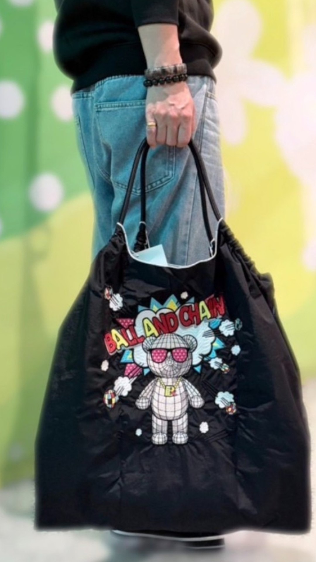 Ball＆Chain 刺繡環保購物袋 L號 - 黑 (30116901)