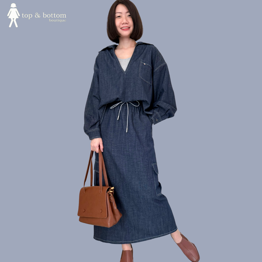 SOFT DENIM OVERSIZE SHIRT & CARGO LONG SKIRT SET SUIT WITH ATTACHED INNER TOP (2 PCS)
