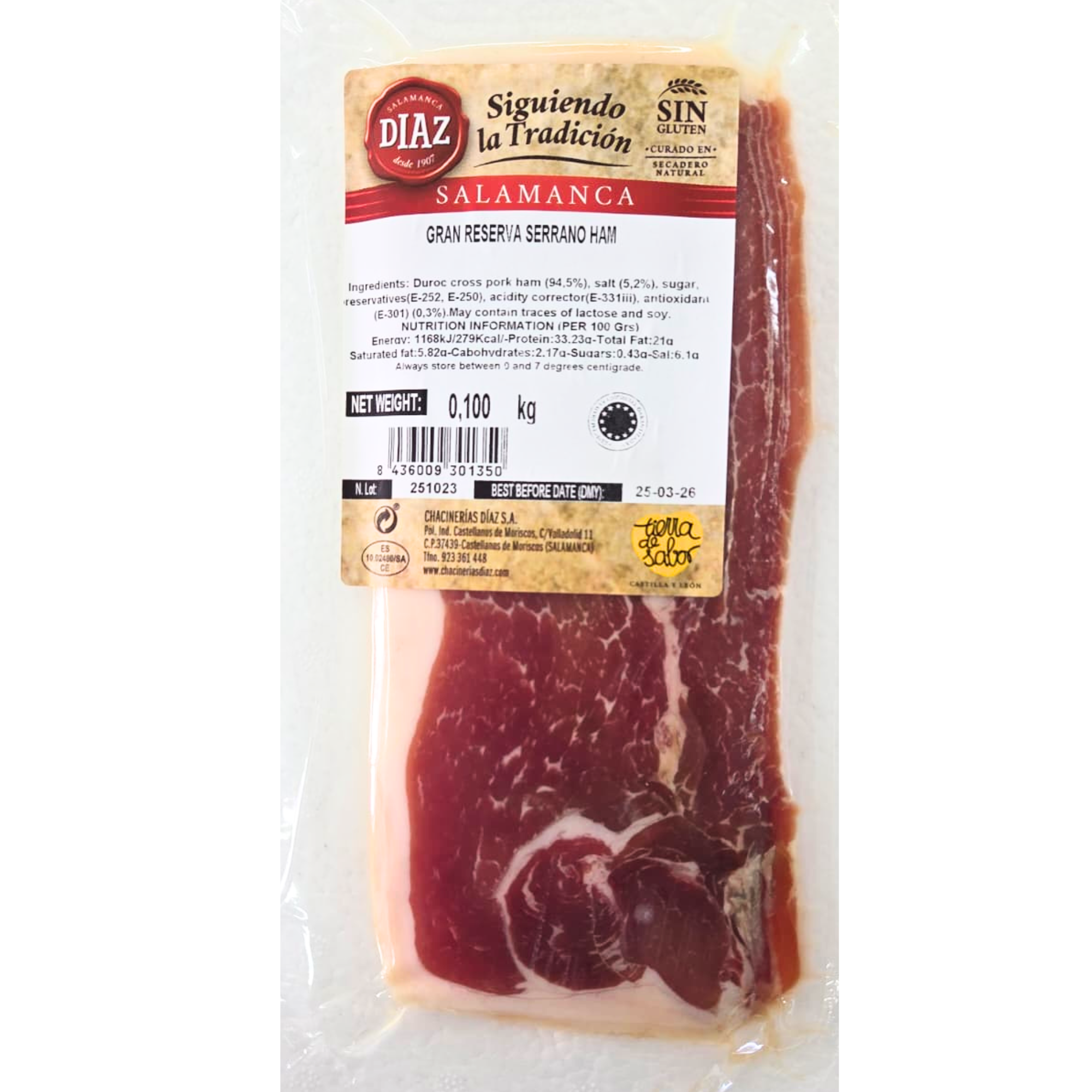 西班牙白毛豬西班牙火腿片 Spain Diaz Sliced Spanish Serrano Ham 100克/ 包 (0-4°C)