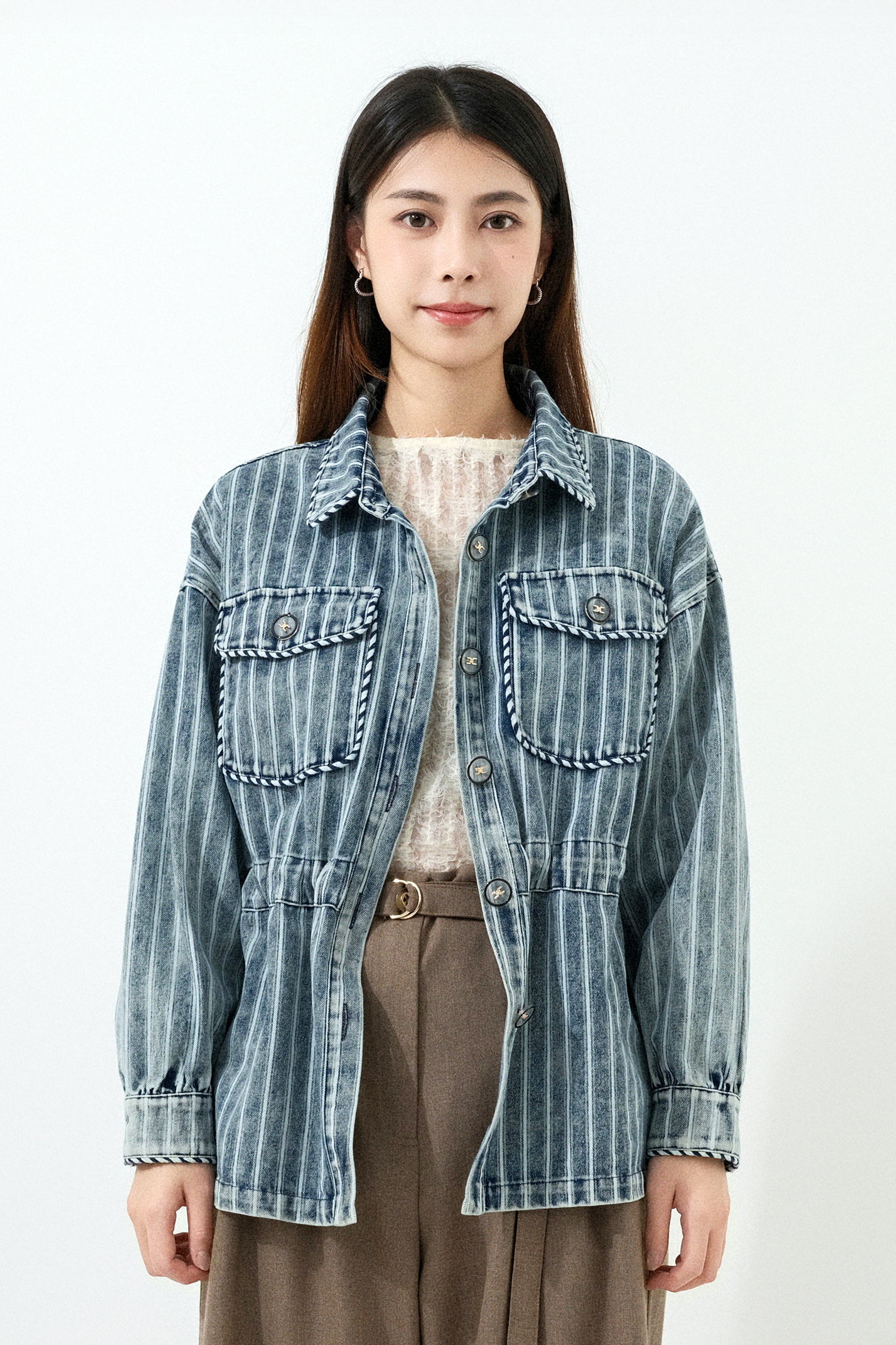 條子石磨牛仔束腰外套  (預購產品）