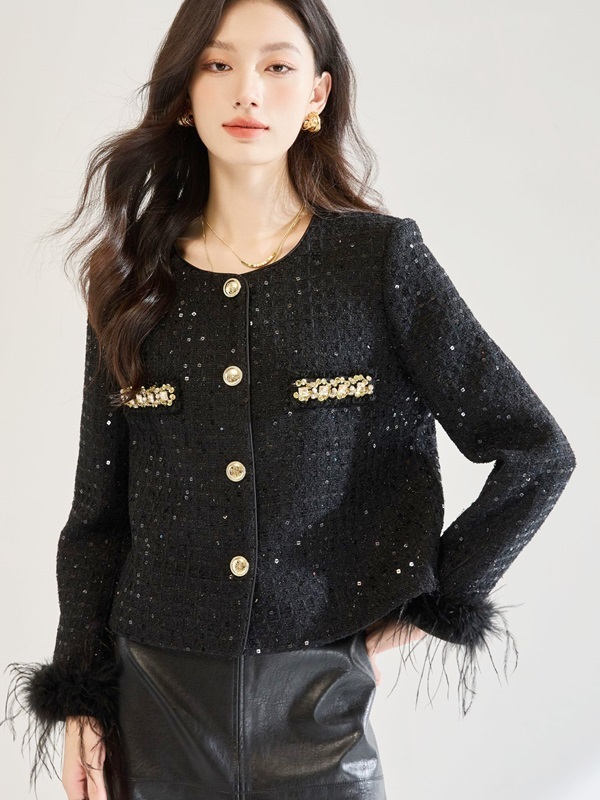 羽毛袖小香風外套 黑色