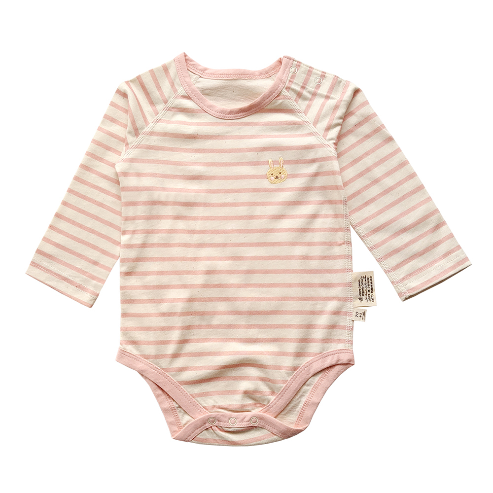 有機棉嬰幼兒薄長袖連身衣-粉紅細條 | 藍天畫布有機棉