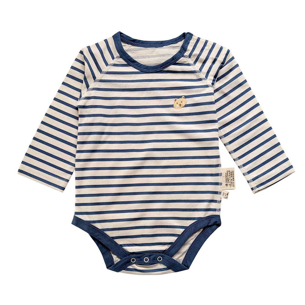 有機棉嬰幼兒薄長袖連身衣-靛藍細條 | 藍天畫布有機棉