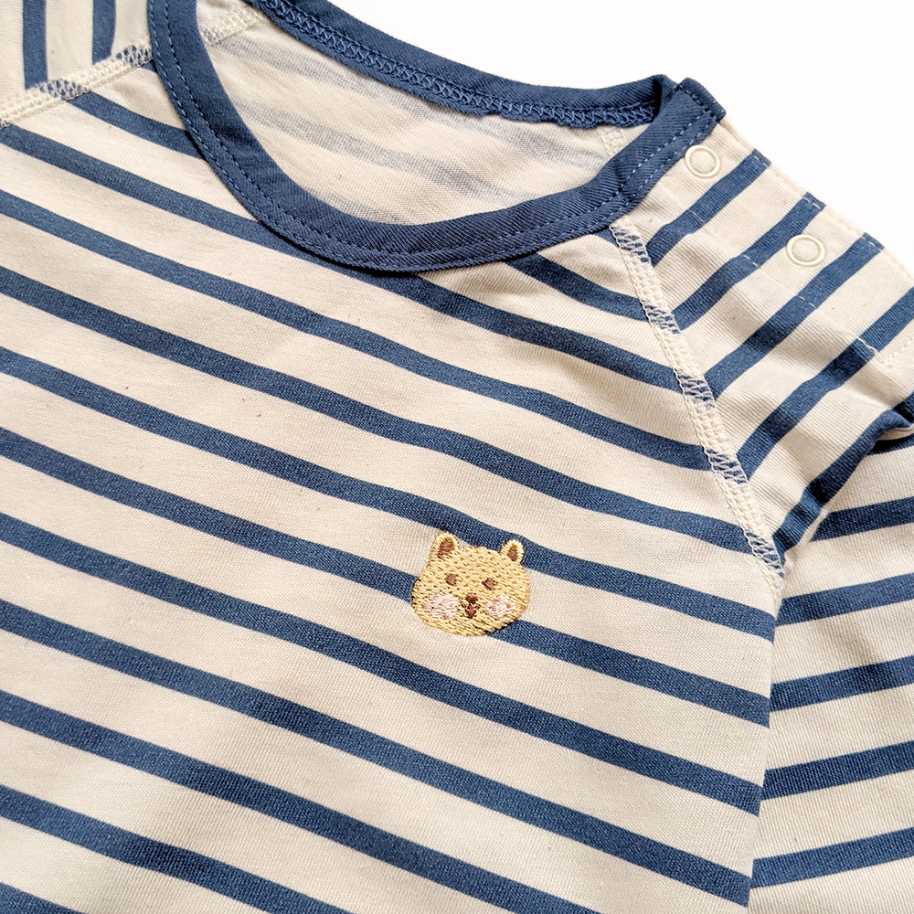 有機棉嬰幼兒薄長袖連身衣-靛藍細條 | 藍天畫布有機棉