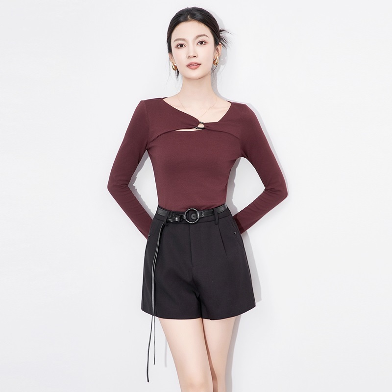 造型領柔棉上衣 暗紅