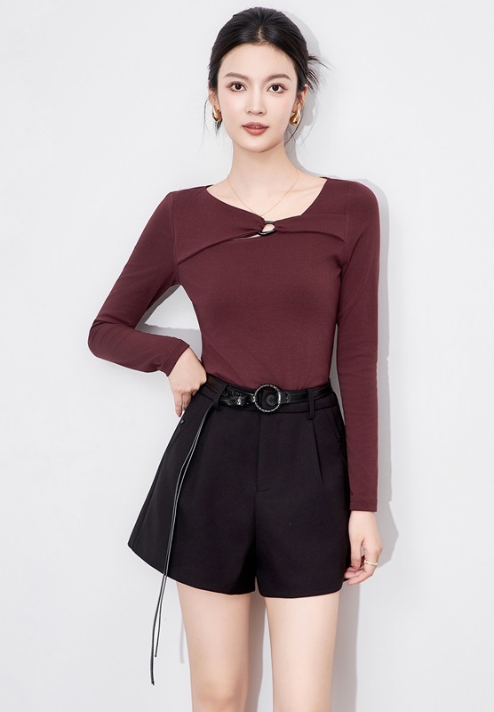 造型領柔棉上衣 暗紅