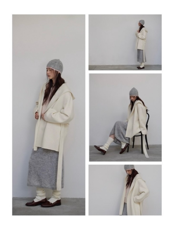 韓國  高訂羊毛綁帶連帽大衣