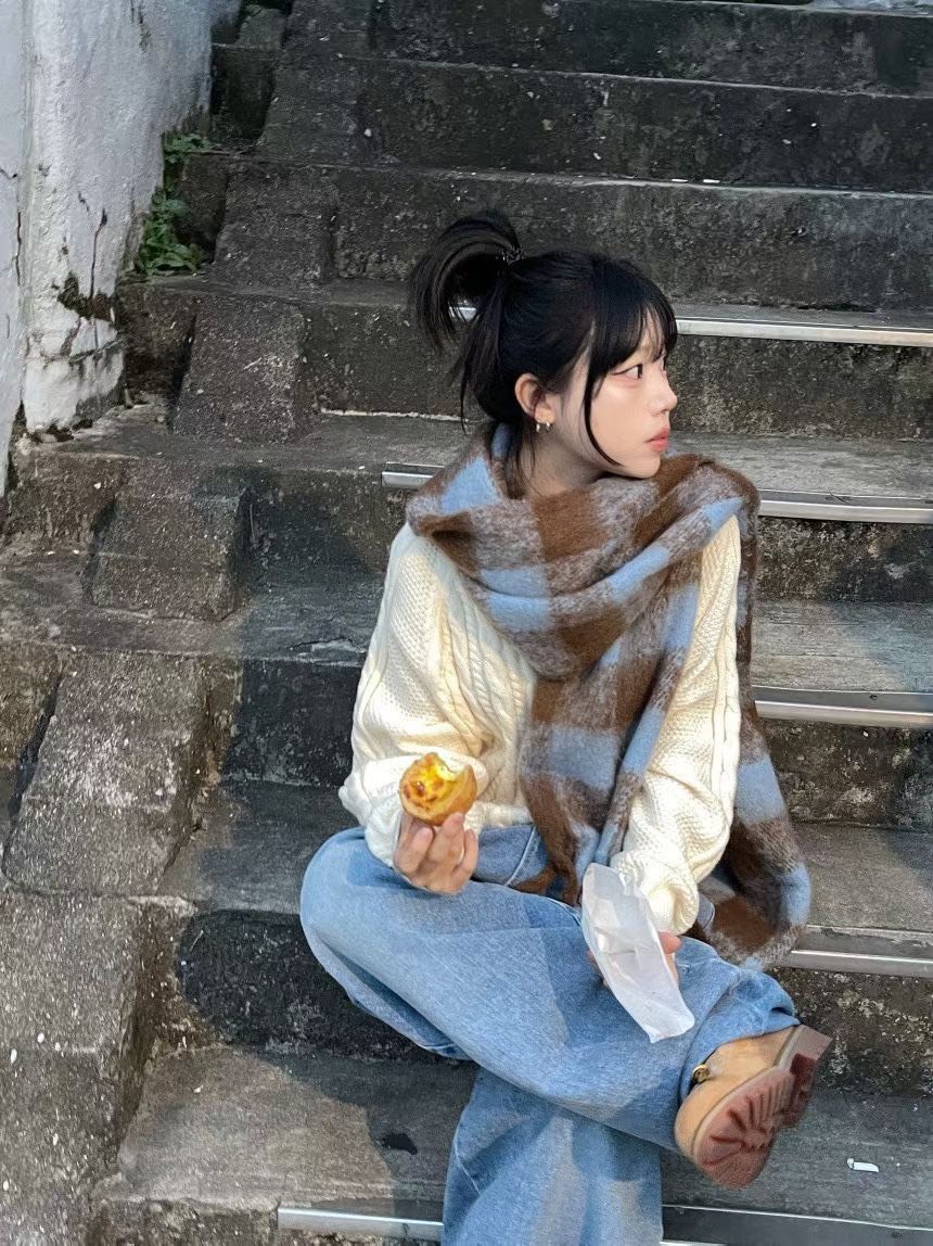 韓國 毛絨拼色格紋圍巾