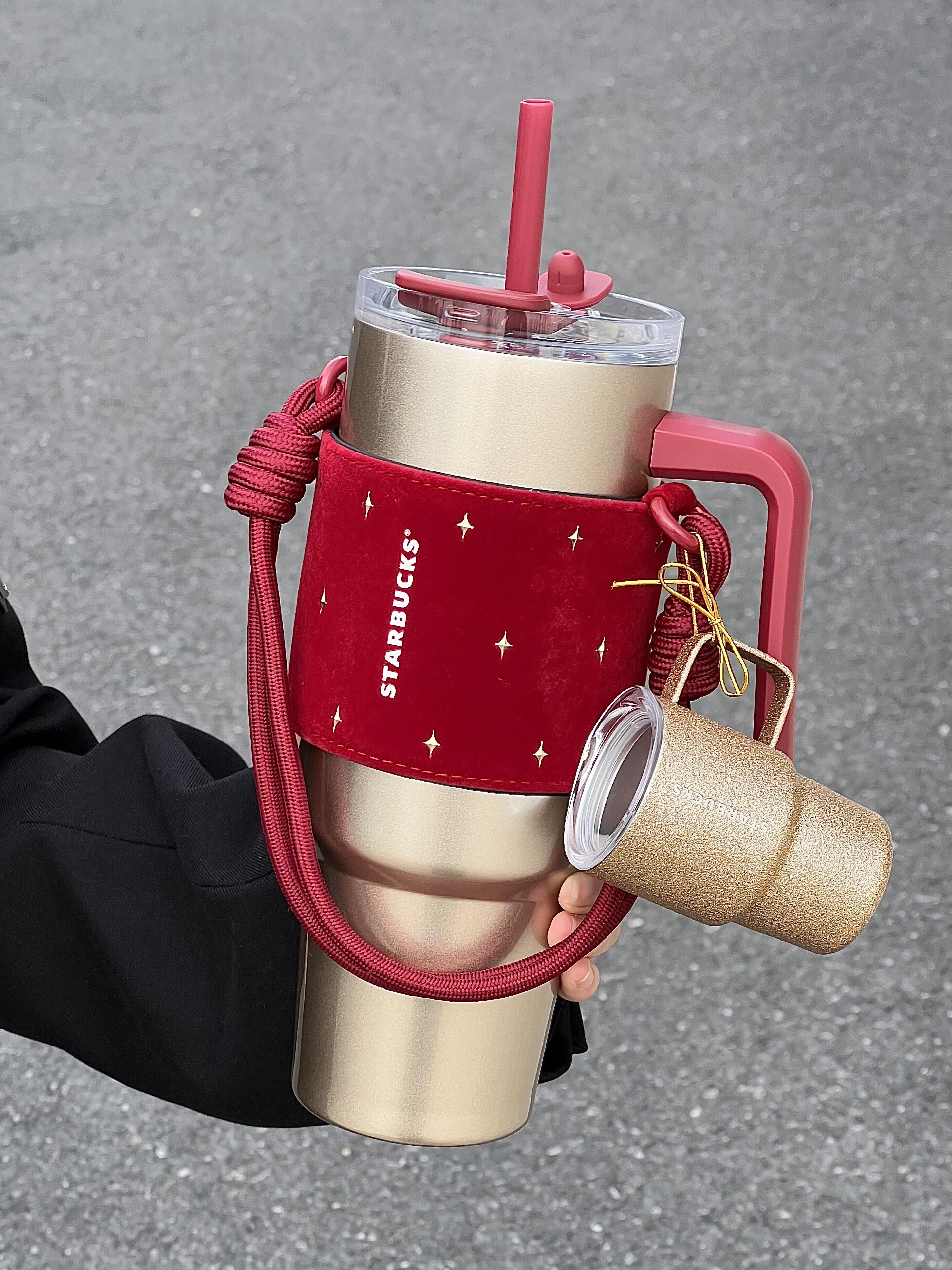 STARBUCKS 星巴克 聖誕節限定 紅金色 暖意融融 雙飲口不銹鋼杯 附杯套 大容量 保溫杯 900ml /預購